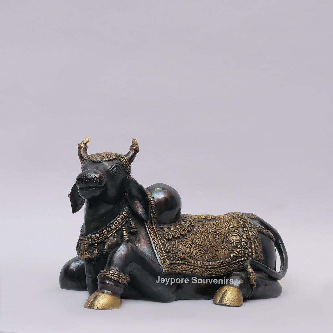 Handcrafted Brass Nandi Statue with Antique Black &amp; Golden Finish