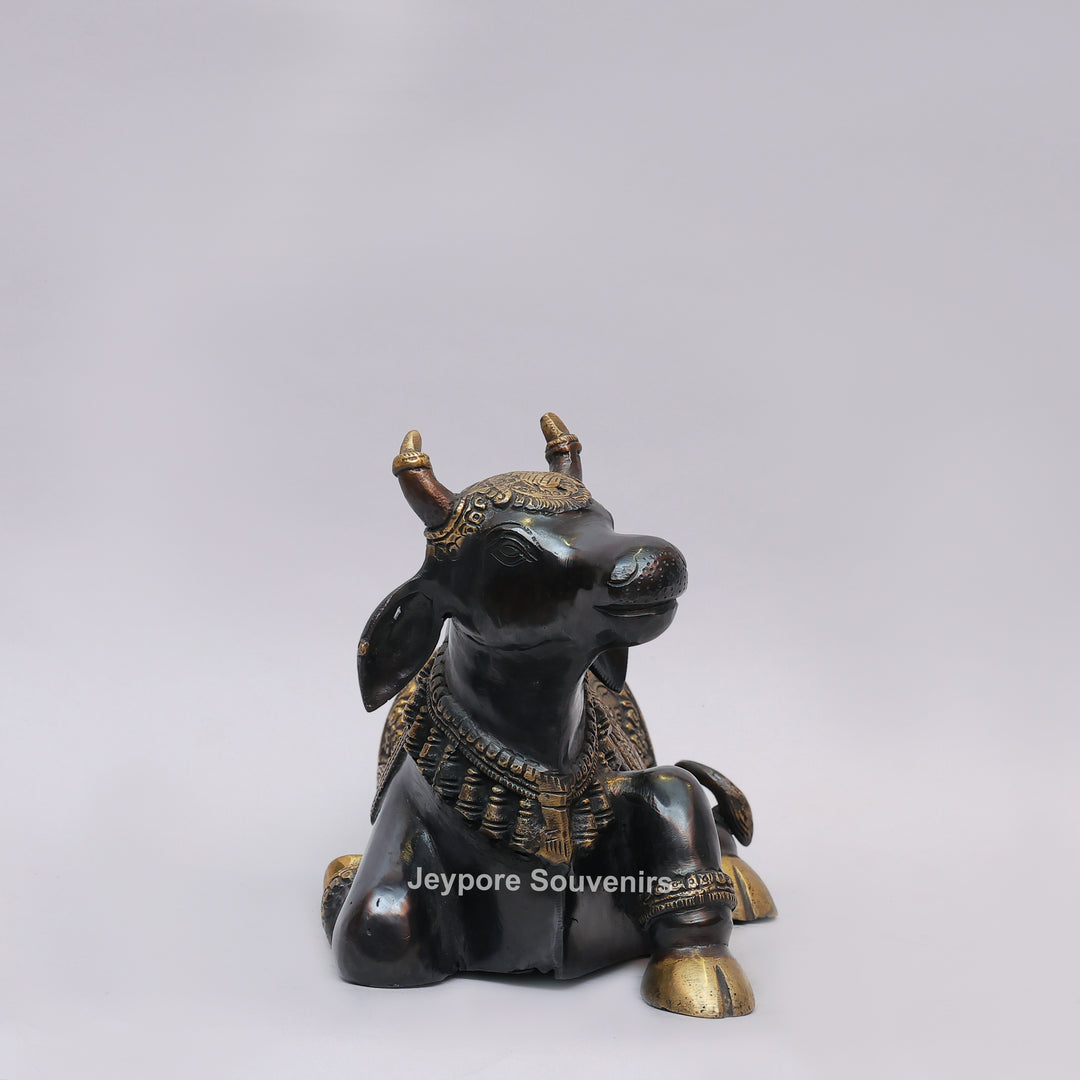 Handcrafted Brass Nandi Statue with Antique Black &amp; Golden Finish