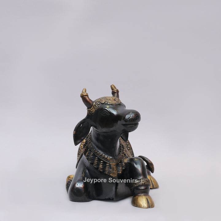 Handcrafted Brass Nandi Statue with Antique Black &amp; Golden Finish