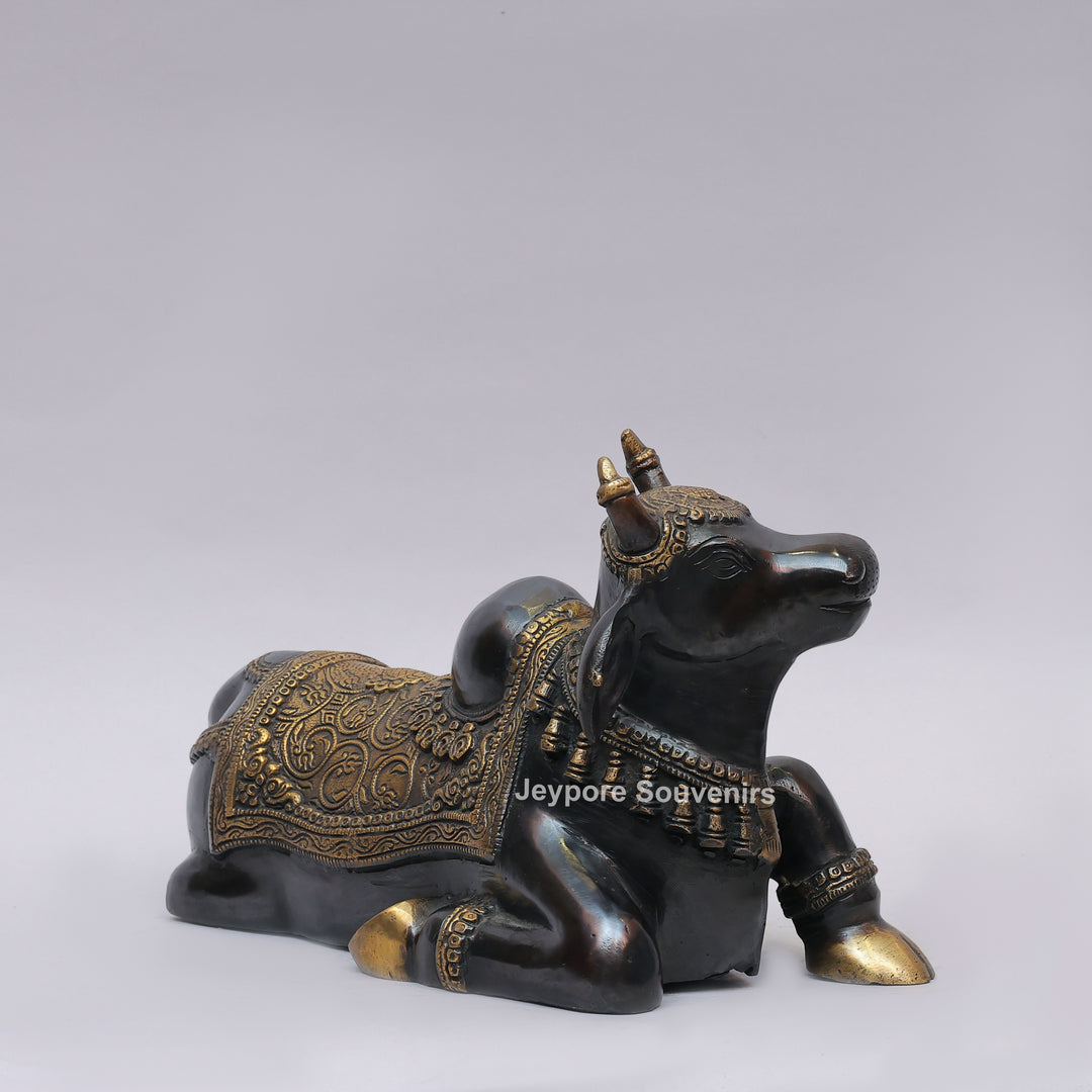 Handcrafted Brass Nandi Statue with Antique Black &amp; Golden Finish