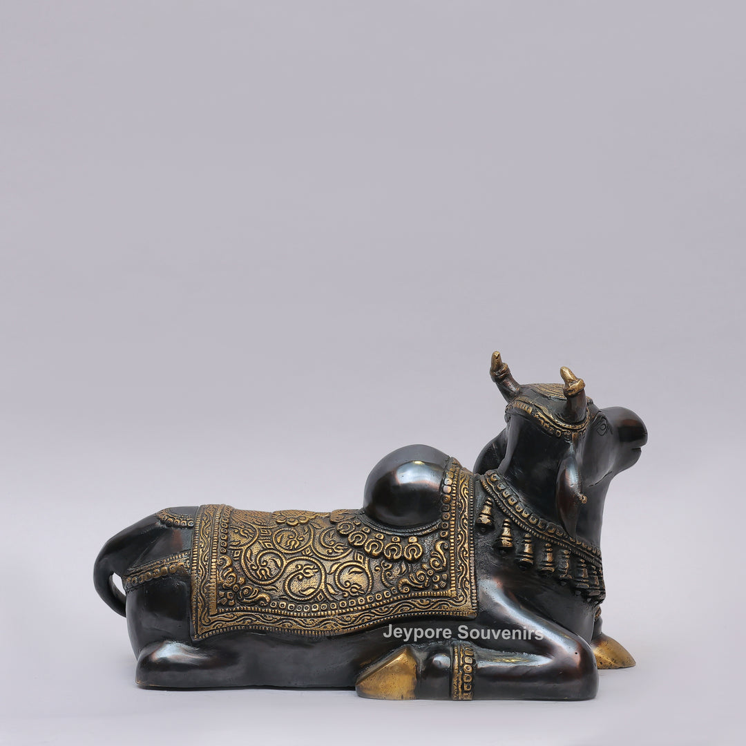 Handcrafted Brass Nandi Statue with Antique Black &amp; Golden Finish