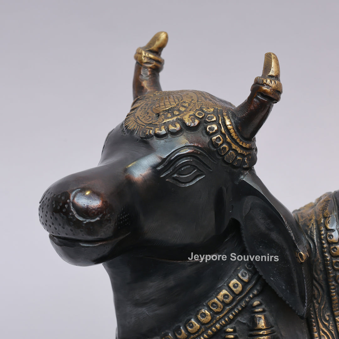 Handcrafted Brass Nandi Statue with Antique Black &amp; Golden Finish