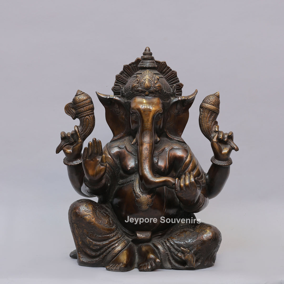 Antique Brass Lord Seated Ganesh Idol with Bronze Patina
