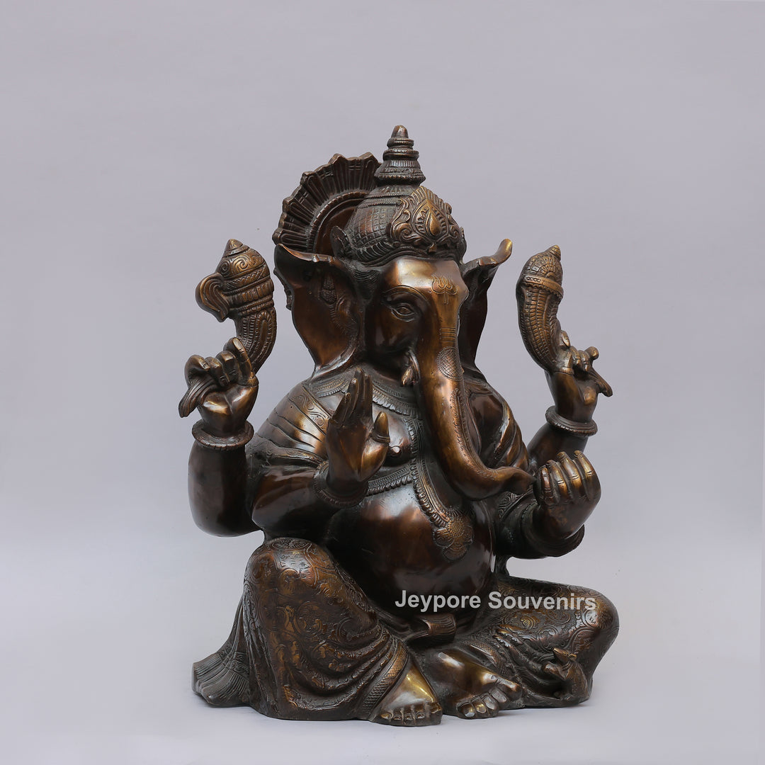 Antique Brass Lord Seated Ganesh Idol with Bronze Patina
