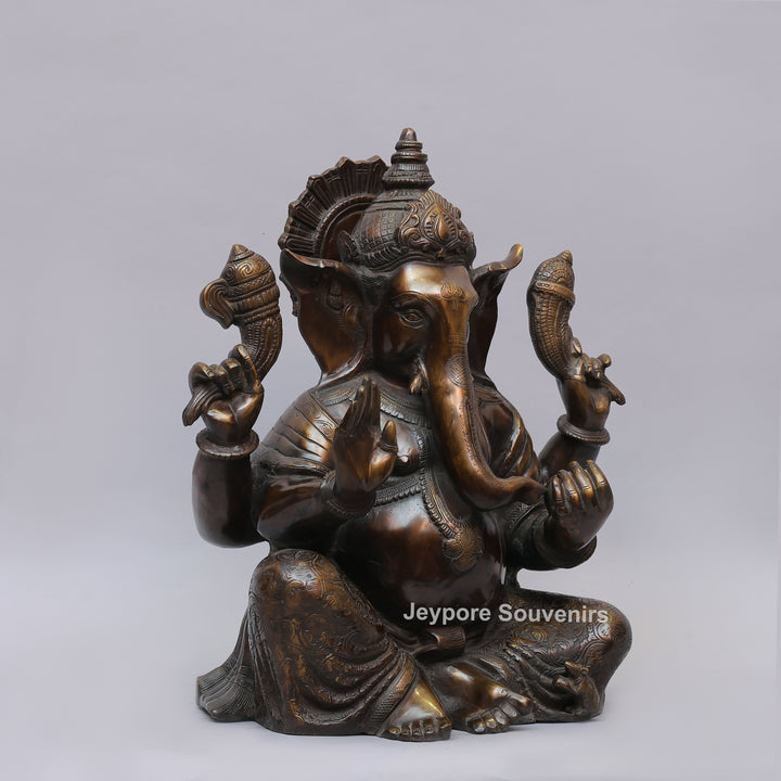 Antique Brass Lord Seated Ganesh Idol with Bronze Patina