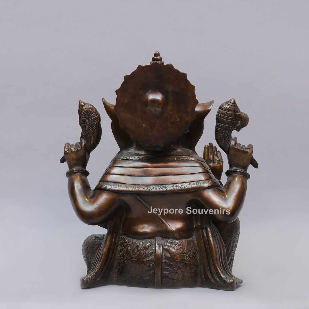Antique Brass Lord Seated Ganesh Idol with Bronze Patina