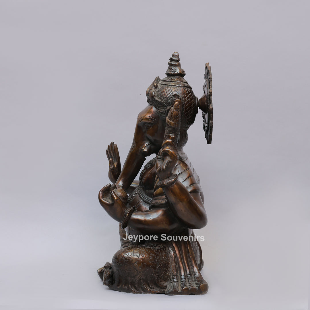 Antique Brass Lord Seated Ganesh Idol with Bronze Patina