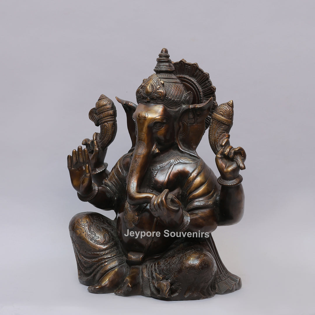 Antique Brass Lord Seated Ganesh Idol with Bronze Patina