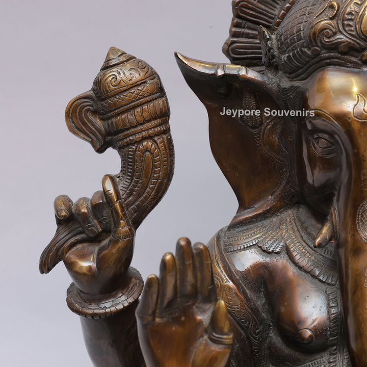 Antique Brass Lord Seated Ganesh Idol with Bronze Patina