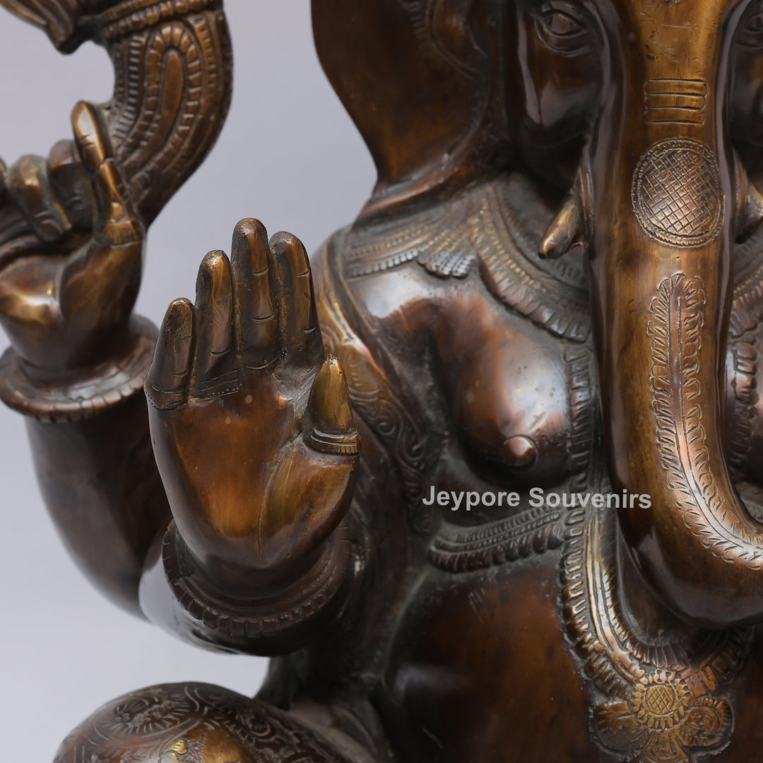 Antique Brass Lord Seated Ganesh Idol with Bronze Patina