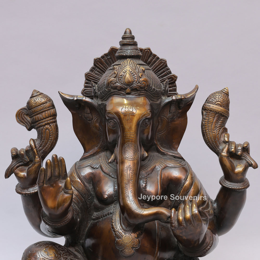 Antique Brass Lord Seated Ganesh Idol with Bronze Patina