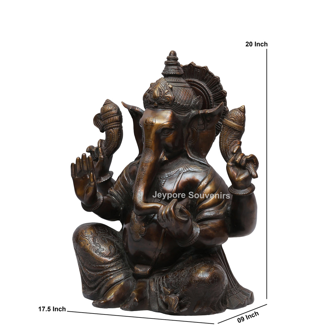 Antique Brass Lord Seated Ganesh Idol with Bronze Patina