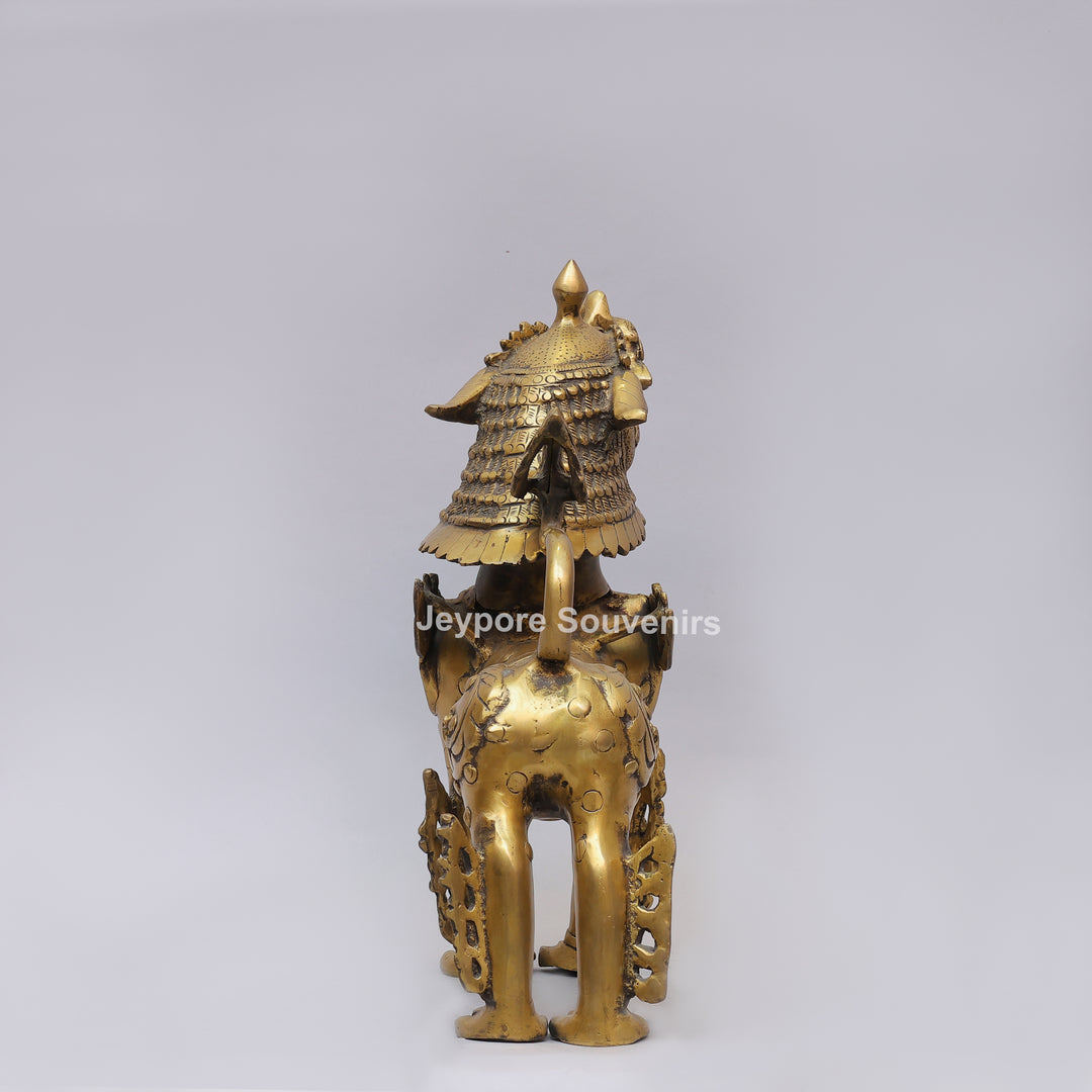 Handcrafted Solid Brass Tibetan Snow Standing Lion Statue with Ornate Scrollwork