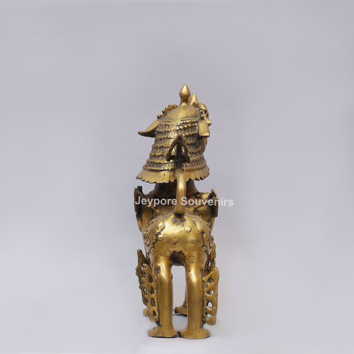 Handcrafted Solid Brass Tibetan Snow Standing Lion Statue with Ornate Scrollwork