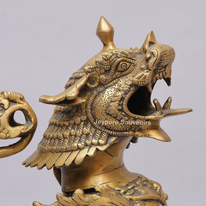 Handcrafted Solid Brass Tibetan Snow Standing Lion Statue with Ornate Scrollwork