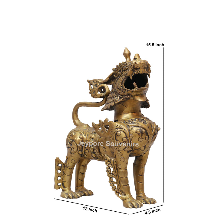 Handcrafted Solid Brass Tibetan Snow Standing Lion Statue with Ornate Scrollwork