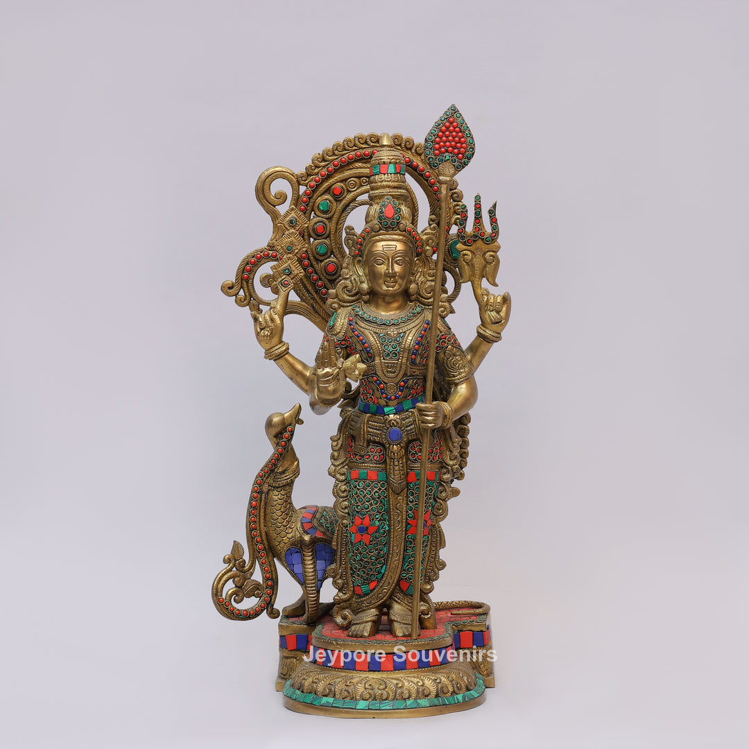 Handcrafted Brass Lord Murugan Statue (Kartikeya) with Inlay Work