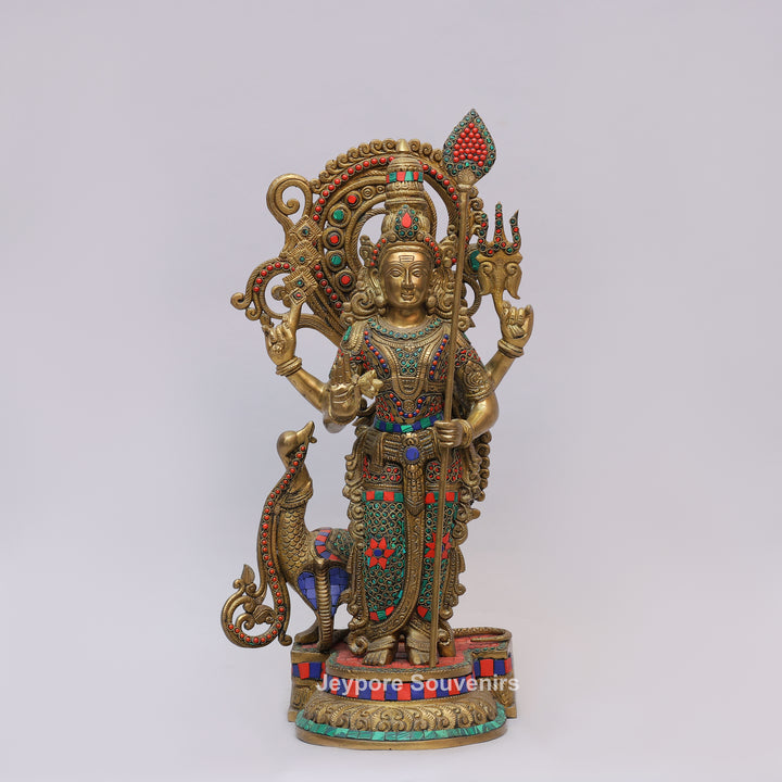 Handcrafted Brass Lord Murugan Statue (Kartikeya) with Inlay Work