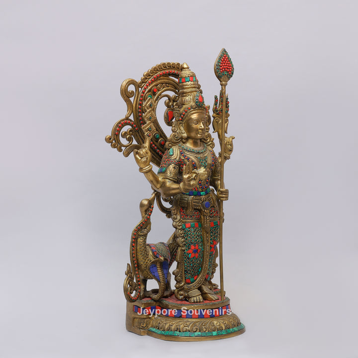 Handcrafted Brass Lord Murugan Statue (Kartikeya) with Inlay Work