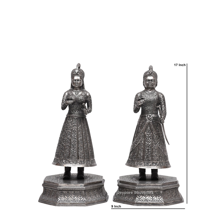 Handcrafted Copper Silver Polished King &amp; Queen Statue Pair