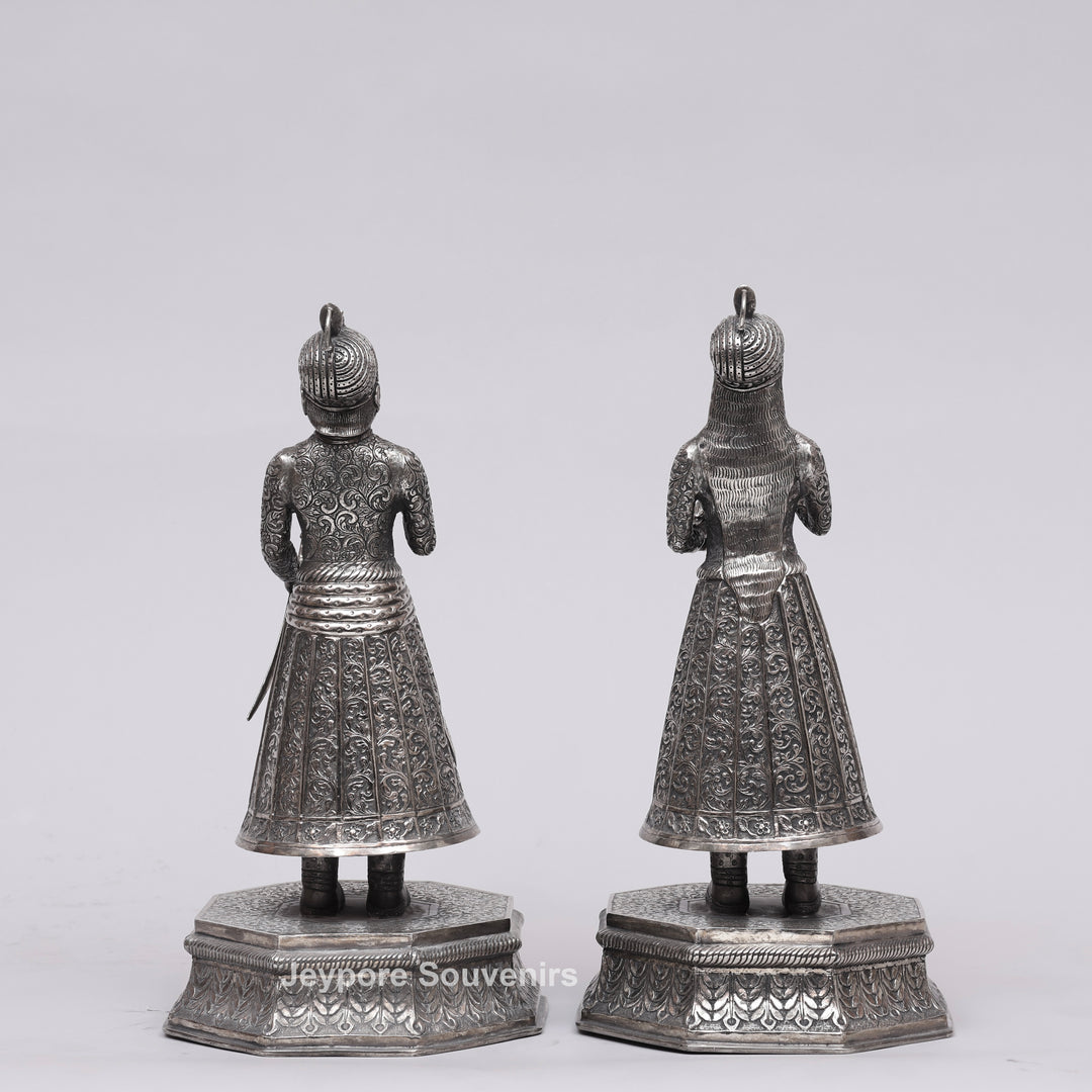 Handcrafted Copper Silver Polished King &amp; Queen Statue Pair