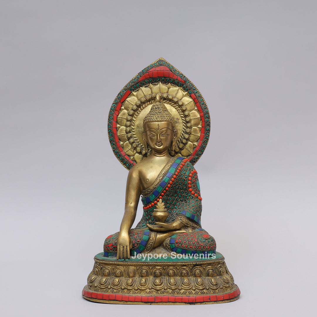 Handcrafted Brass Seated Buddha Statue with Colorful Stone Inlay