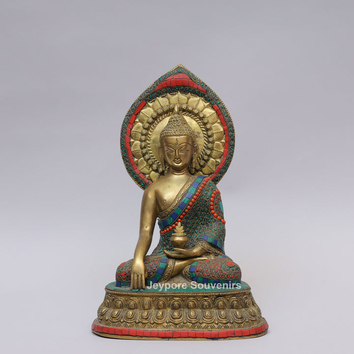 Handcrafted Brass Seated Buddha Statue with Colorful Stone Inlay