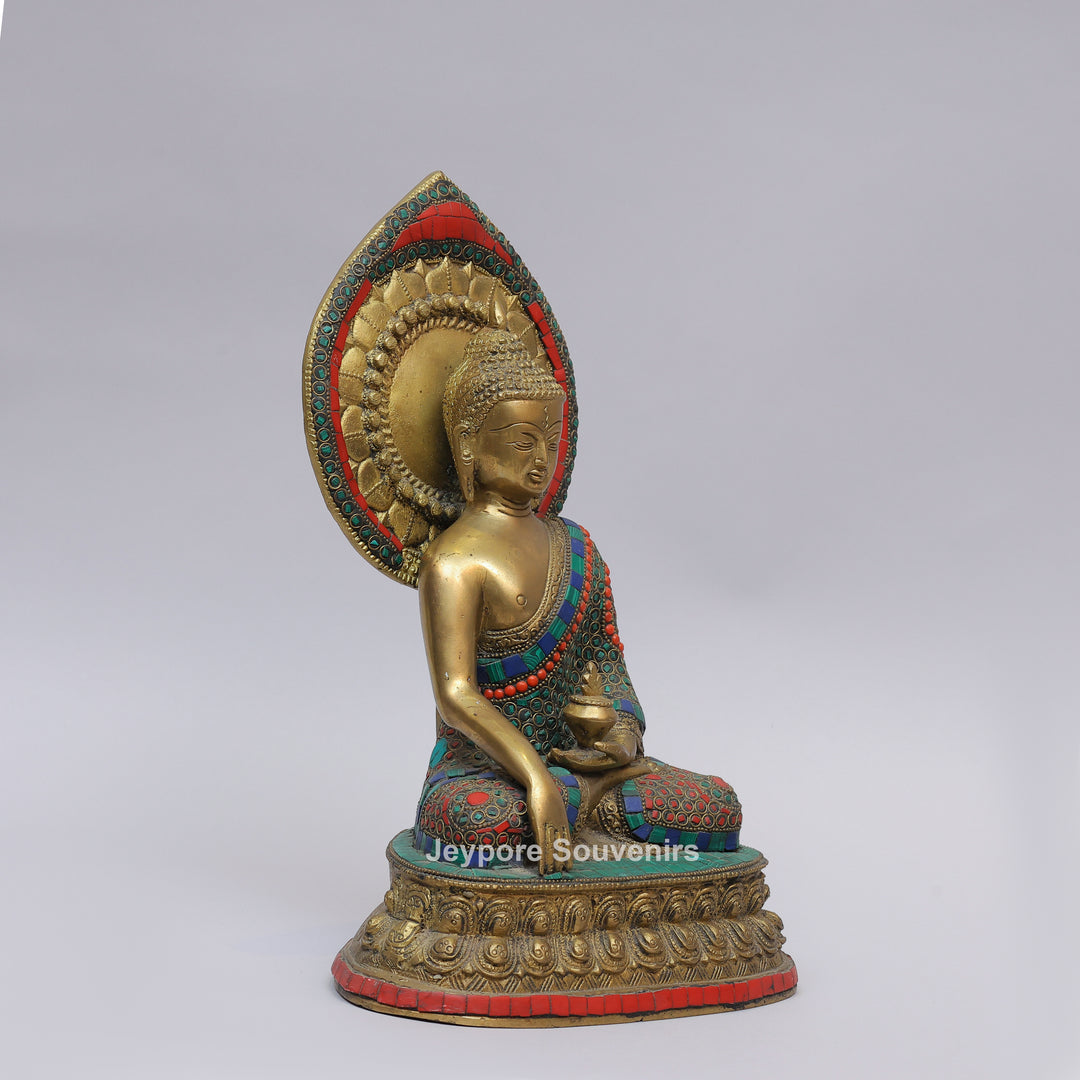 Handcrafted Brass Seated Buddha Statue with Colorful Stone Inlay