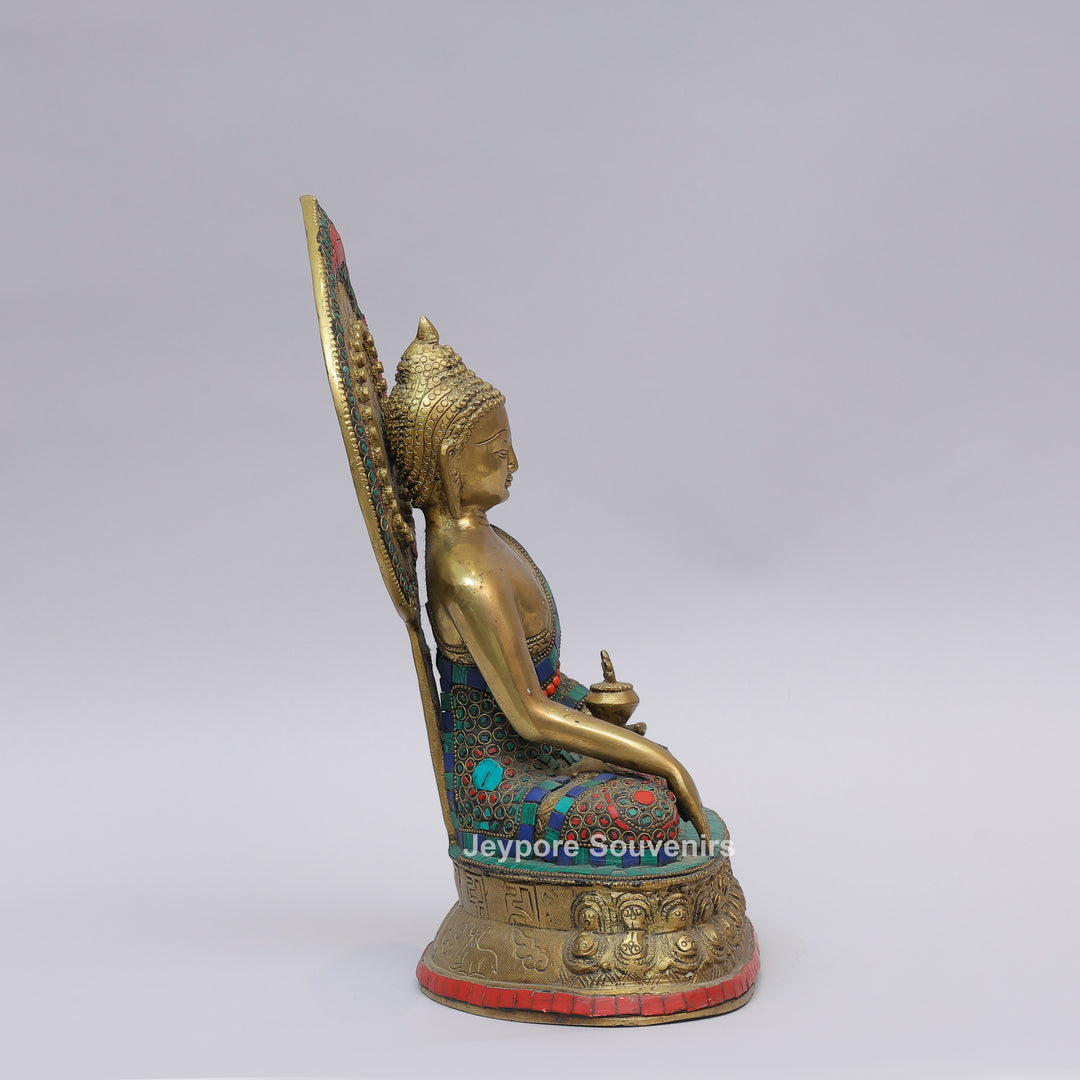Handcrafted Brass Seated Buddha Statue with Colorful Stone Inlay
