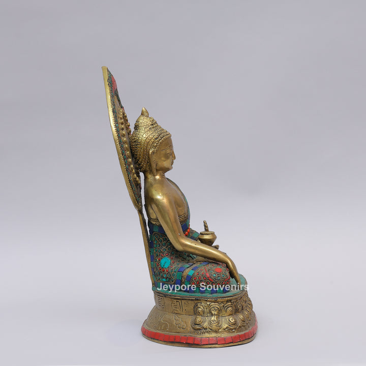 Handcrafted Brass Seated Buddha Statue with Colorful Stone Inlay