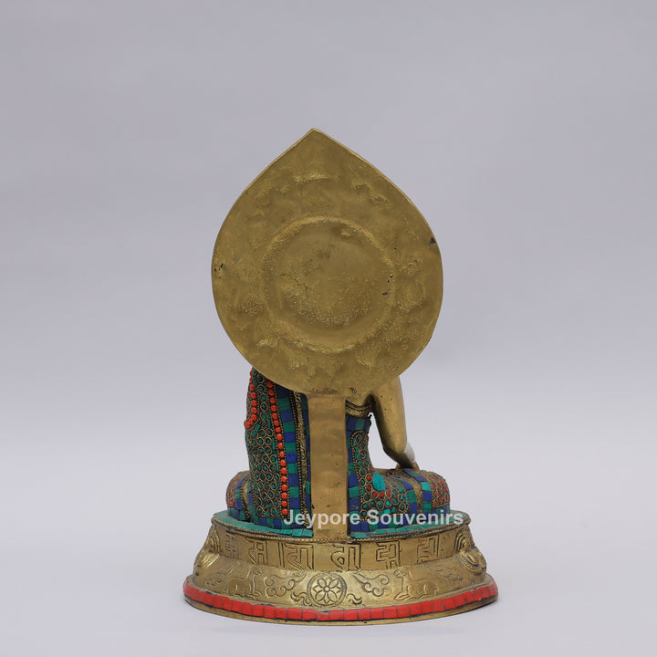 Handcrafted Brass Seated Buddha Statue with Colorful Stone Inlay