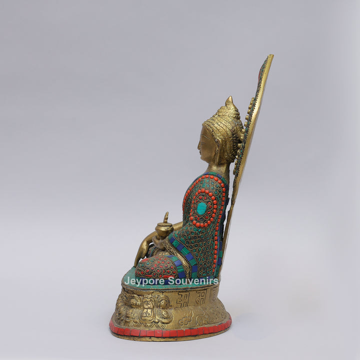 Handcrafted Brass Seated Buddha Statue with Colorful Stone Inlay