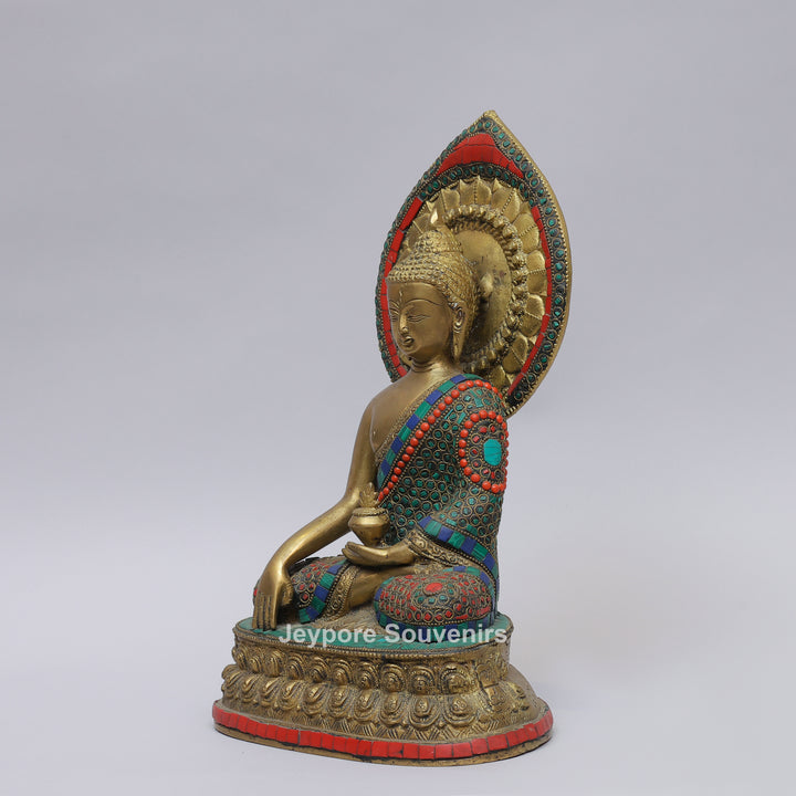 Handcrafted Brass Seated Buddha Statue with Colorful Stone Inlay