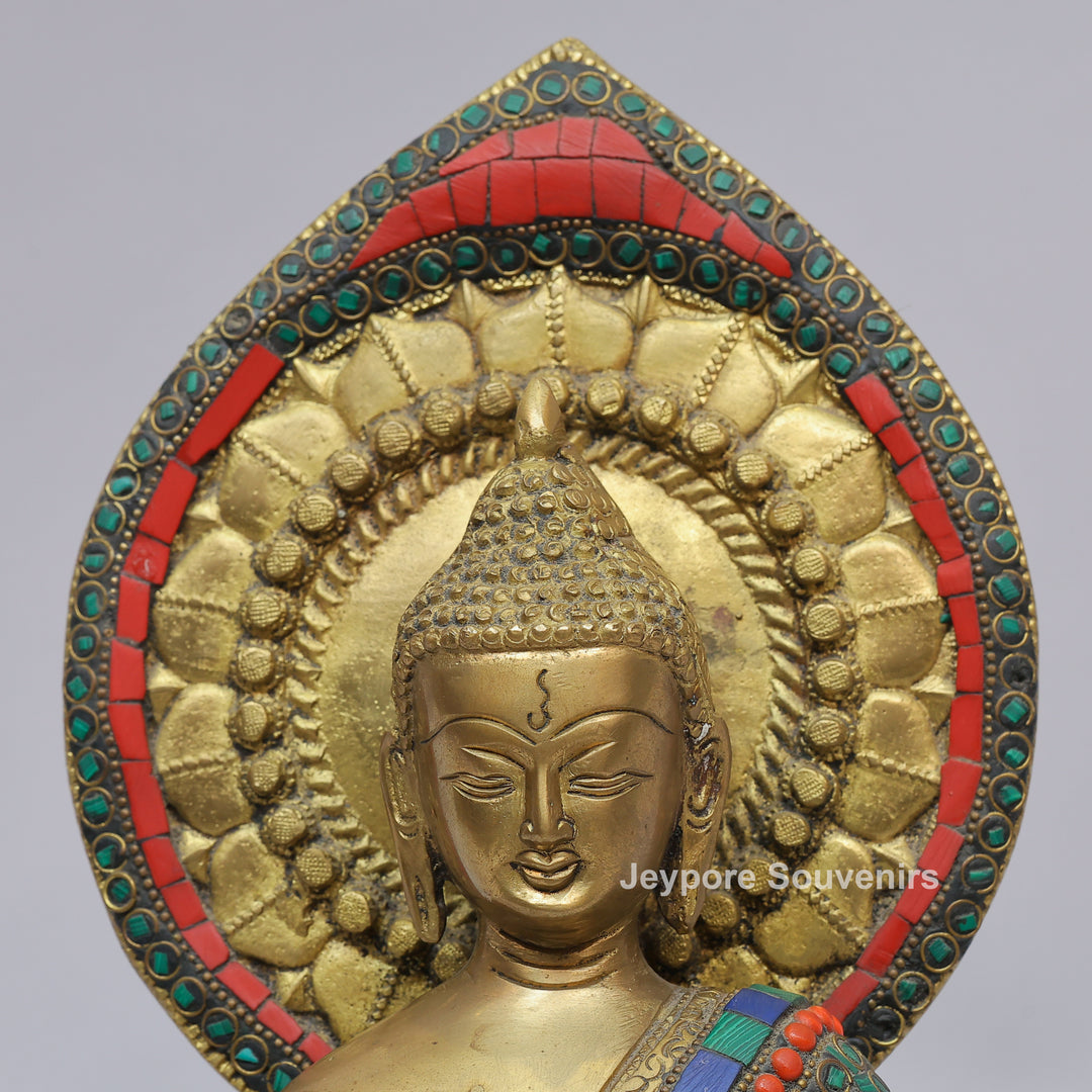 Handcrafted Brass Seated Buddha Statue with Colorful Stone Inlay