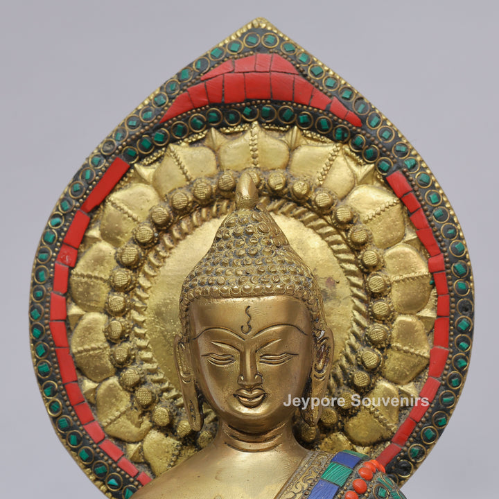 Handcrafted Brass Seated Buddha Statue with Colorful Stone Inlay