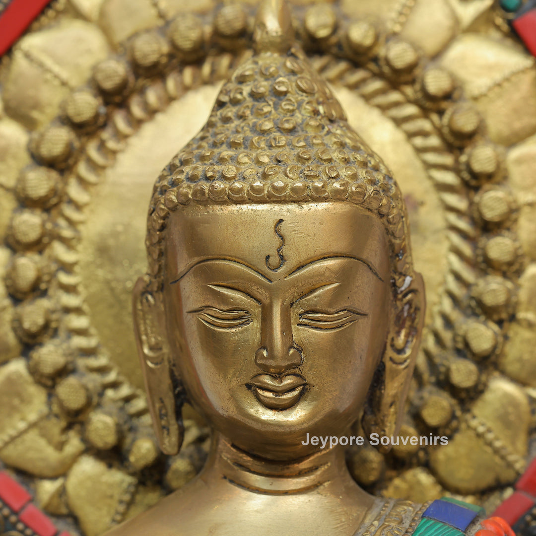 Handcrafted Brass Seated Buddha Statue with Colorful Stone Inlay