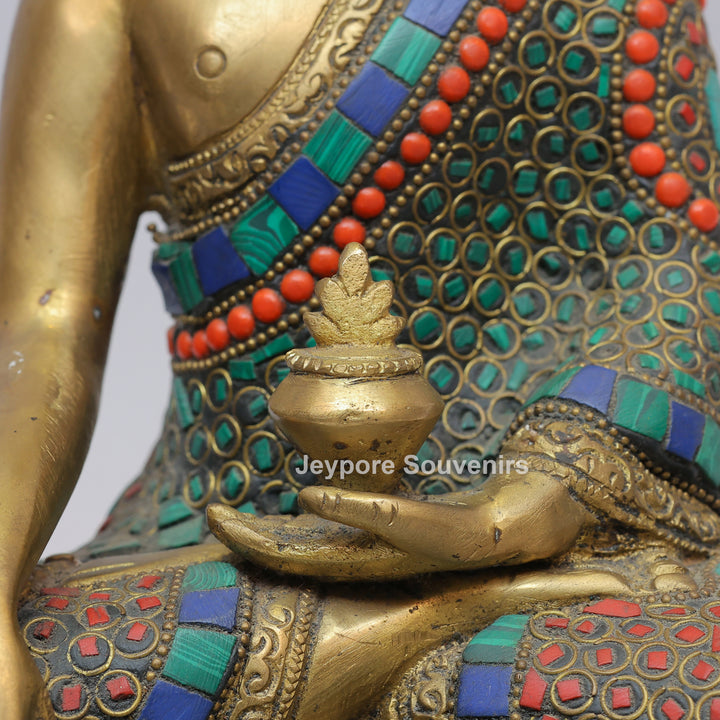 Handcrafted Brass Seated Buddha Statue with Colorful Stone Inlay