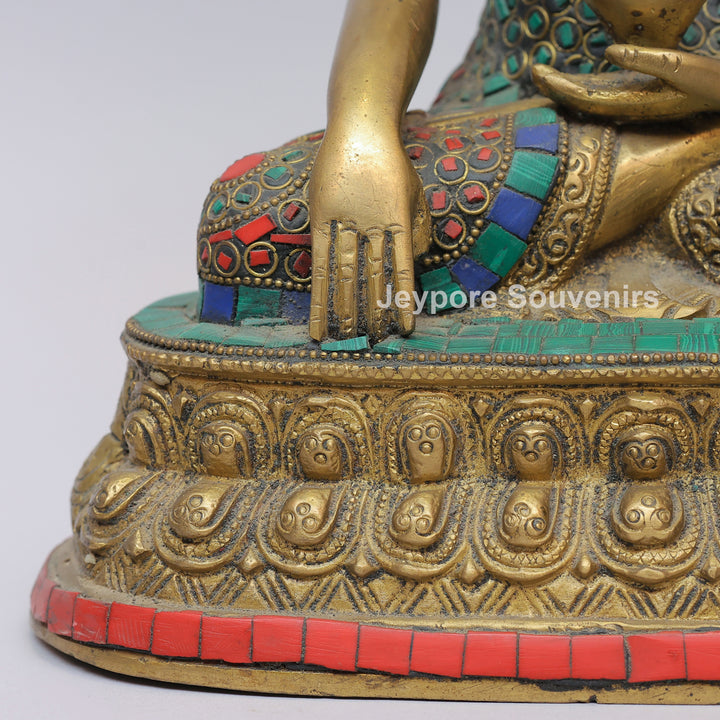 Handcrafted Brass Seated Buddha Statue with Colorful Stone Inlay