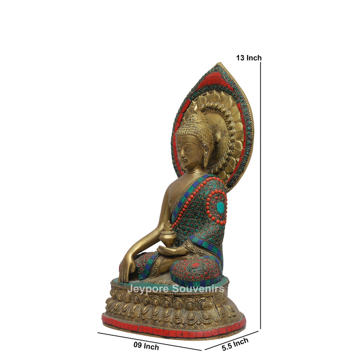 Handcrafted Brass Seated Buddha Statue with Colorful Stone Inlay