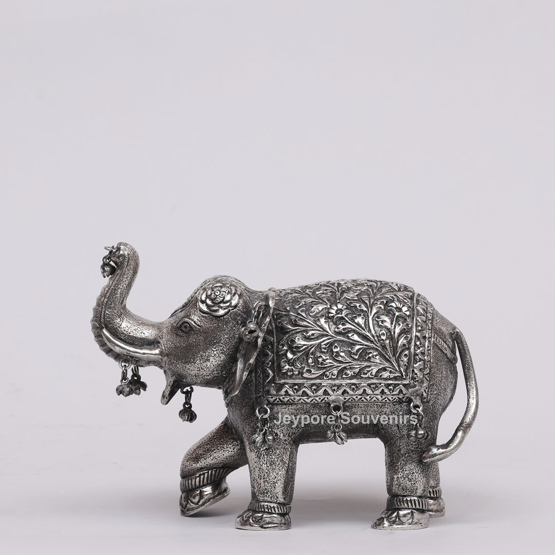 Handcrafted Silver Polished Elephant Statue with Hanging Bells