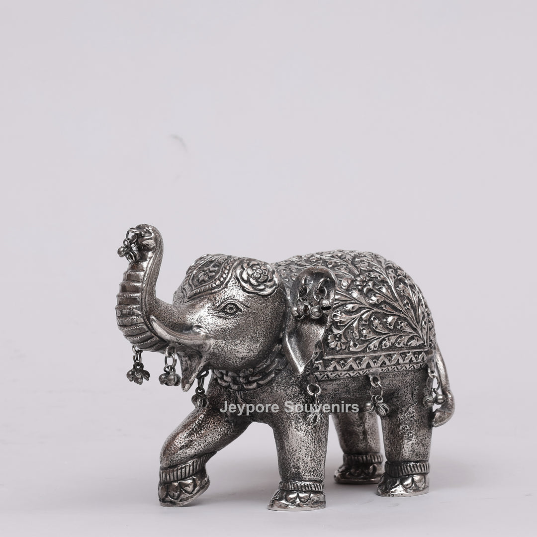 Handcrafted Silver Polished Elephant Statue with Hanging Bells