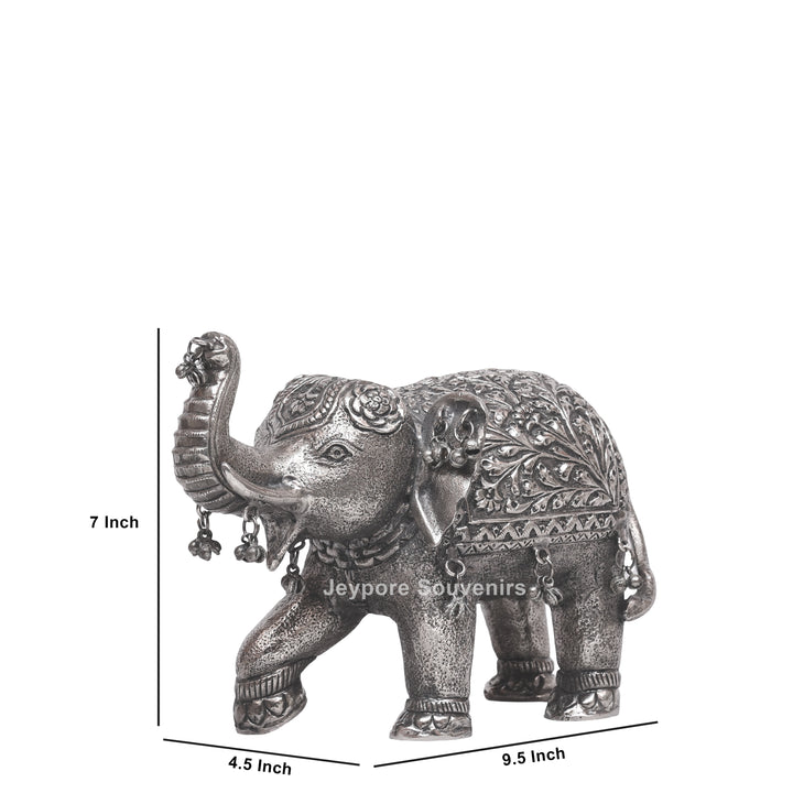 Handcrafted Silver Polished Elephant Statue with Hanging Bells