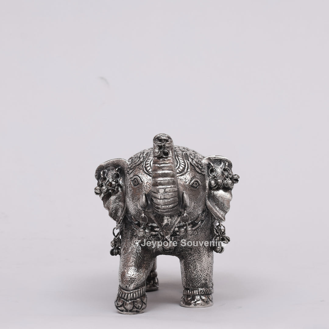 Handcrafted Silver Polished Elephant Statue with Hanging Bells
