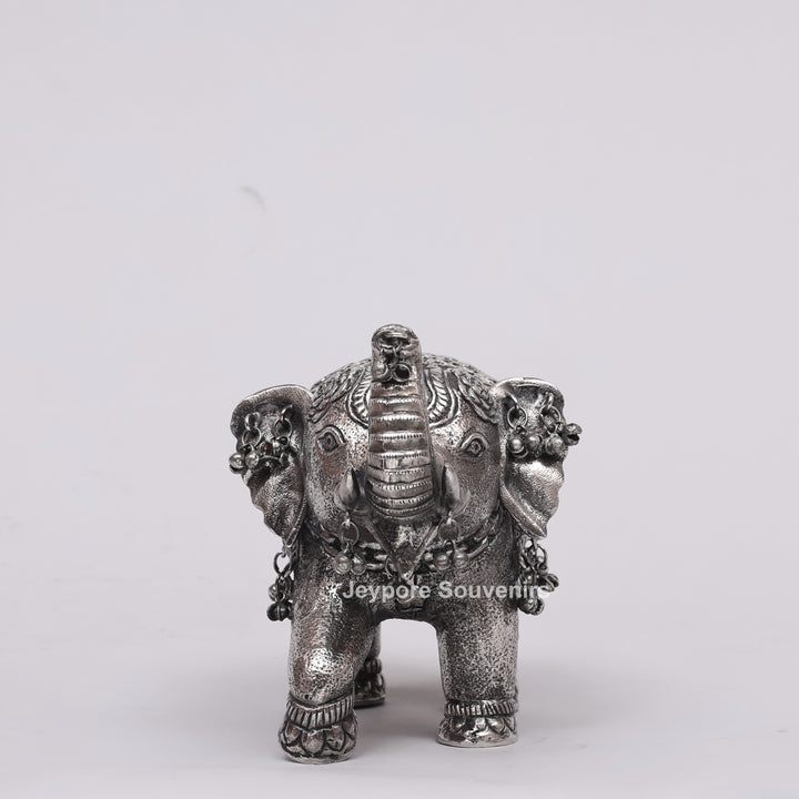 Handcrafted Silver Polished Elephant Statue with Hanging Bells