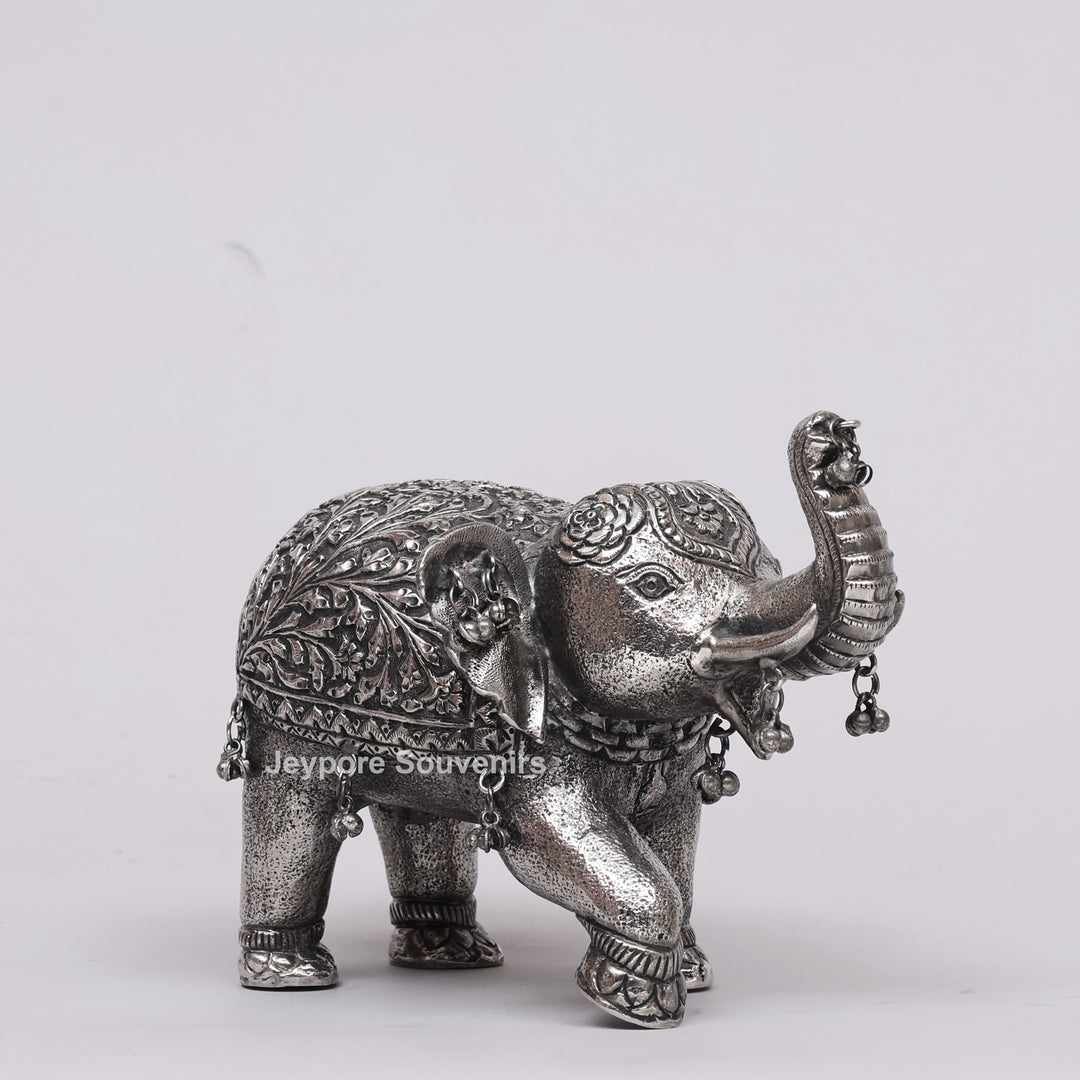 Handcrafted Silver Polished Elephant Statue with Hanging Bells