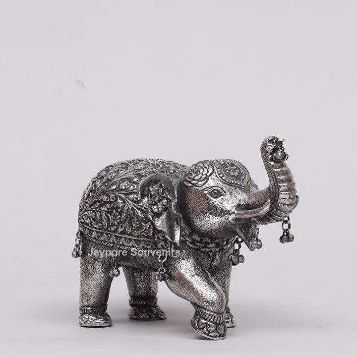 Handcrafted Silver Polished Elephant Statue with Hanging Bells