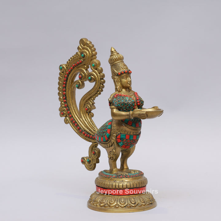 Handcrafted Brass Peacock and Lady design Oil Lamp
