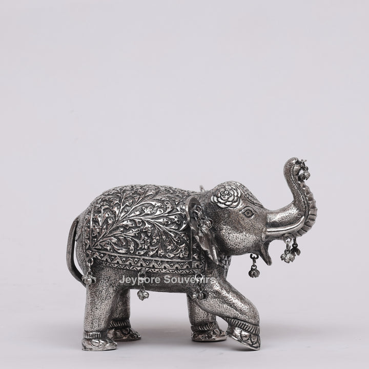 Handcrafted Silver Polished Elephant Statue with Hanging Bells
