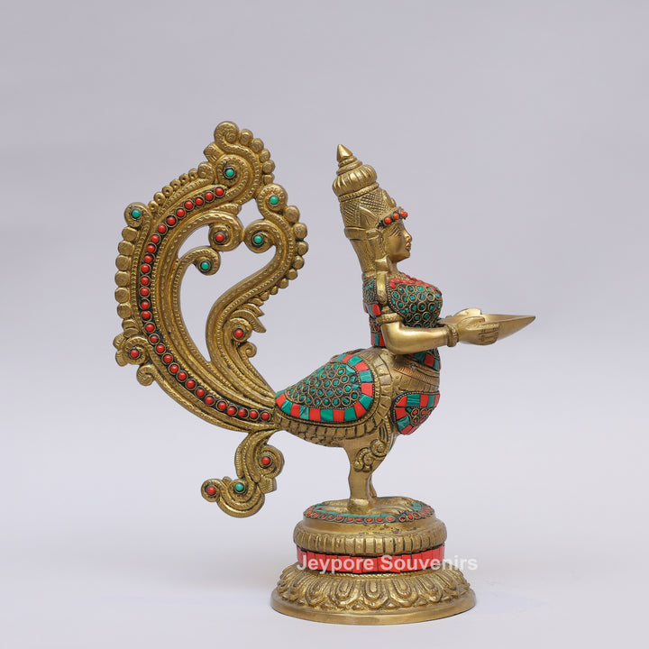 Handcrafted Brass Peacock and Lady design Oil Lamp