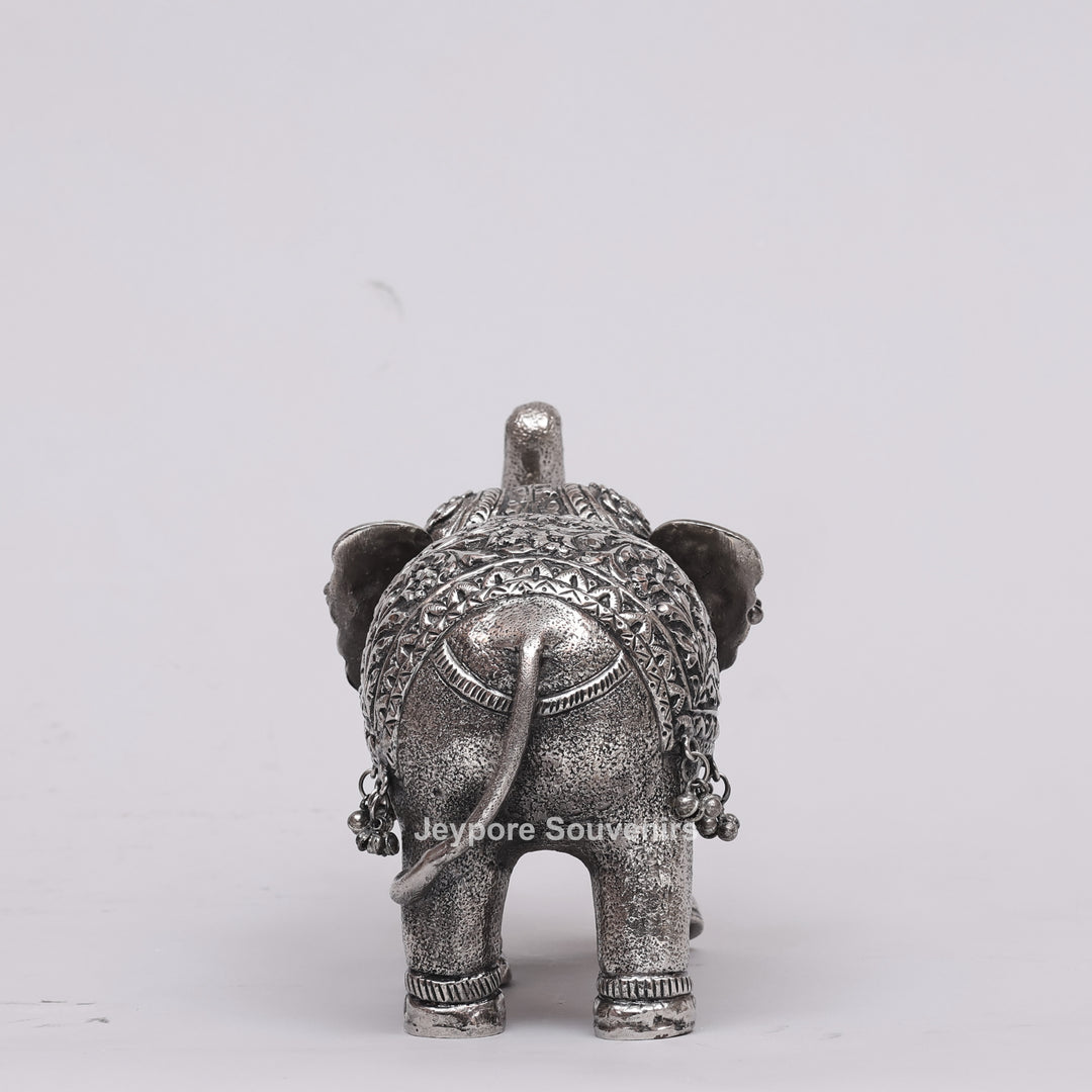 Handcrafted Silver Polished Elephant Statue with Hanging Bells